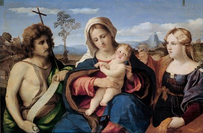 Madonna en Kind met Sint Johannes de Doper en Maria Magdalena door Jacopo Palma il Vecchio the Elder