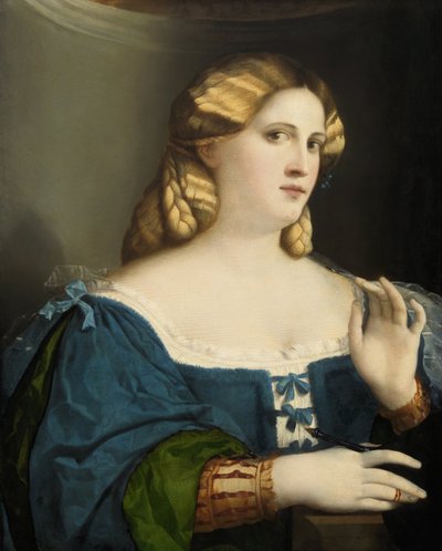 Jonge vrouw in een blauwe jurk, met waaier, 1512-1514 door Jacopo Palma il Vecchio the Elder