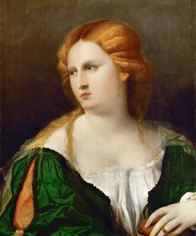 Jonge vrouw in een groene jurk, een doos in haar hand, ca. 1514 door Jacopo Palma il Vecchio the Elder