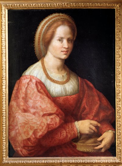 Portret van een dame met een mand vol spoelen door Jacopo Pontormo