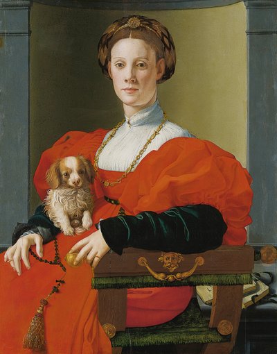 Portret van een vrouw met een kleine hond door Jacopo Pontormo