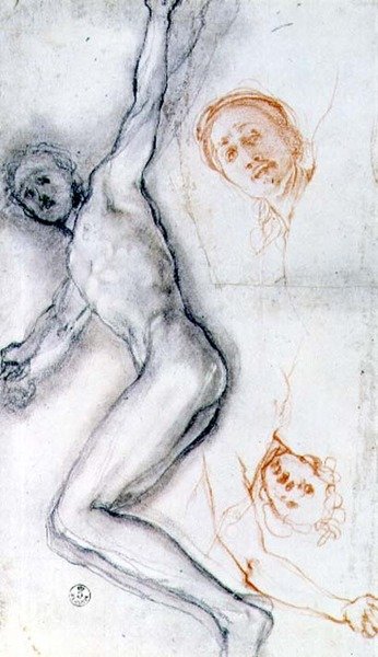 Studie van Christus aan het kruis genageld, het hoofd tweemaal gerepeteerd door Jacopo Pontormo