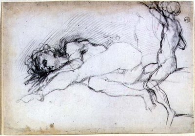 Studie van zittende en liggende figuren voor een lunet in de salon van de Villa Medici in Poggio a Caiano door Jacopo Pontormo