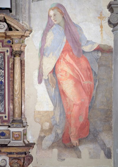 De Visitatie, detail van Elizabeth rechts van het altaar door Jacopo Pontormo