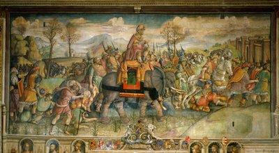 Fresco die Hannibal toont bij aankomst in Italië. Door Jacopo Ripanda. Eind 16e eeuw. Palazzo des Conservatori, Rome - Hannibal steekt de Alpen over, 218 v.Chr., door Jacopo Ripanda (actief circa 1500-1516), circa 1510, fresco uit het Conservatorenpaleis,  door Jacopo Ripanda