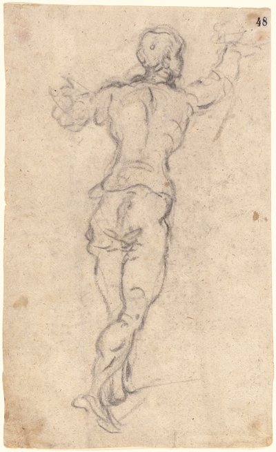 Een Stappende Jongeling met Opgeheven Armen, van Achteren Gezien door Jacopo Robusti Tintoretto