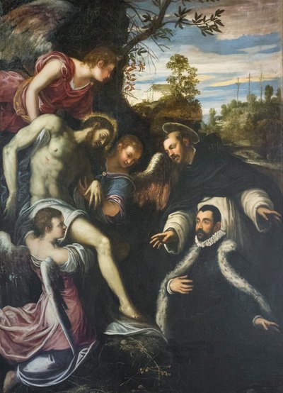 Dode Christus ondersteund door drie engelen, Sint Dominicus en schenker door Jacopo Robusti Tintoretto