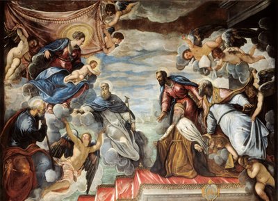 Doge Nicolo da Ponte knielend voor de Maagd door Jacopo Robusti Tintoretto