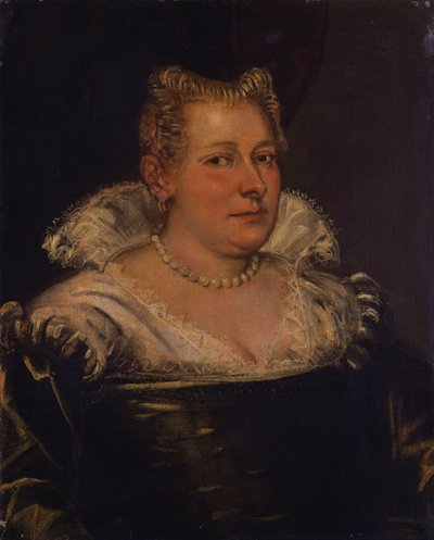 Portret van een dame, buste lengte in een groene jurk met een witte kraag door Jacopo Robusti Tintoretto