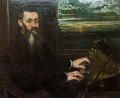 Portret van een oude heer bij het spinet door Jacopo Robusti Tintoretto