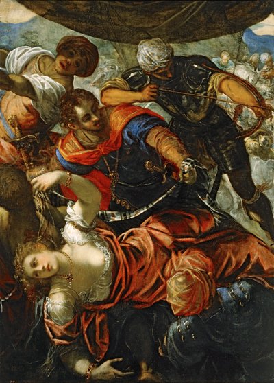 Scène uit een strijd tussen Turken en christenen ... (schilderij op doek) door Jacopo Robusti Tintoretto