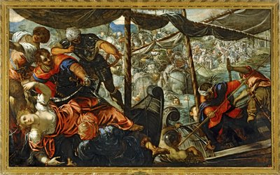 Scène uit een strijd tussen Turken en christenen ... (schilderij op doek) door Jacopo Robusti Tintoretto