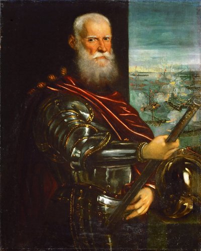 Sebastiano Venier met de Slag bij Lepanto op de achtergrond door Jacopo Robusti Tintoretto