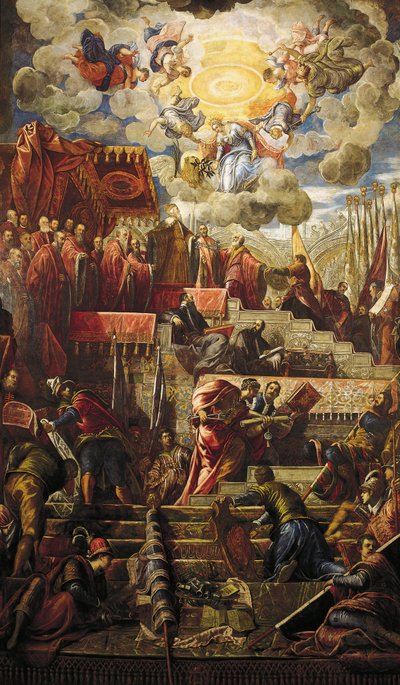 De Doge Niccolo da Ponte ontvangt olijftak van Venetië (detail) door Jacopo Robusti Tintoretto