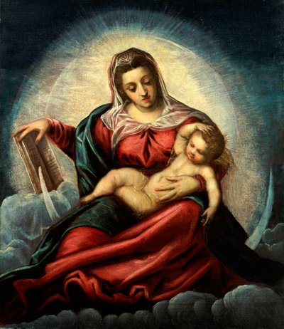 De Madonna en Kind in een mandorla op een halve maan en wolken, met het boek der wijsheid door Jacopo Robusti Tintoretto