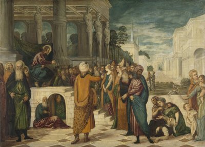 Christus met de overspelige vrouw door Jacopo Tintoretto