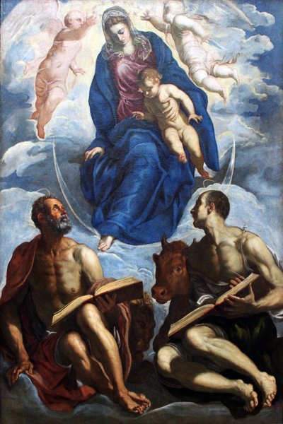 Maria met het kind, aanbeden door de evangelisten Marcus en Lucas door Jacopo Robusti Tintoretto