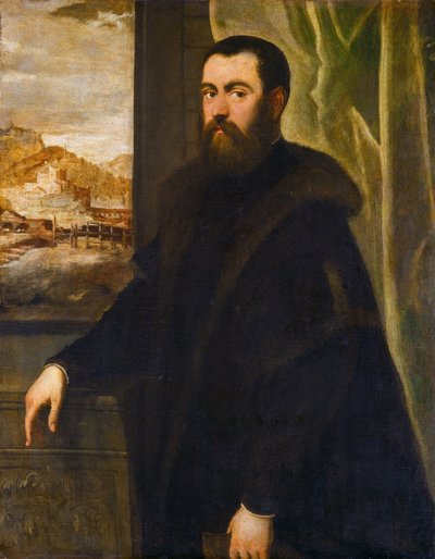 Portret van een man met uitzicht op landschap door Jacopo Tintoretto