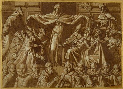 De Madonna della Misericordia met St. Franciscus en Dominicus, met andere heiligen en heersers en een familie van schenkers door Jacopo Zucchi