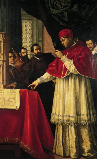 Michelangelo presenteert modellen voor de gevel van San Lorenzo, de Laurentiaanse Bibliotheek en de Medici-graven aan paus Leo X en kardinaal Giulio de Medici door Jacopo da Empoli (and workshop)