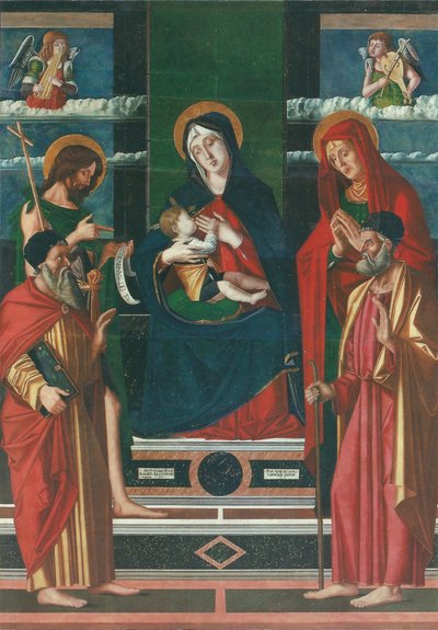 Pala di Jacopo da Valenza Alternatieve titel(s):   Madonna met kind met de heiligen Jozef, Johannes de Doper, Joachim en Anna door Jacopo da Valenza