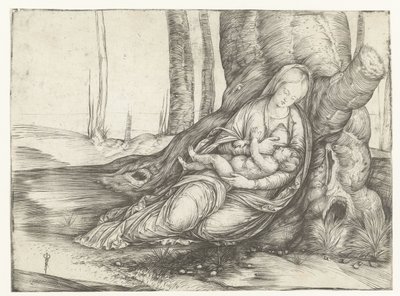 Maria met kind aan borst zit voor voet van boom door Jacopo de