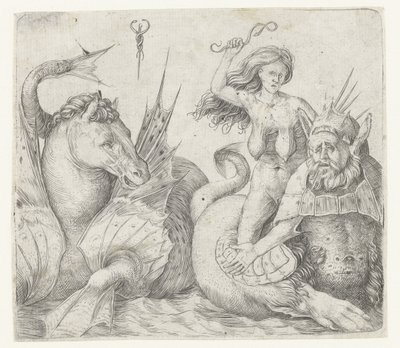 Oude vrouw op rug van triton naast hippocampus door Jacopo de