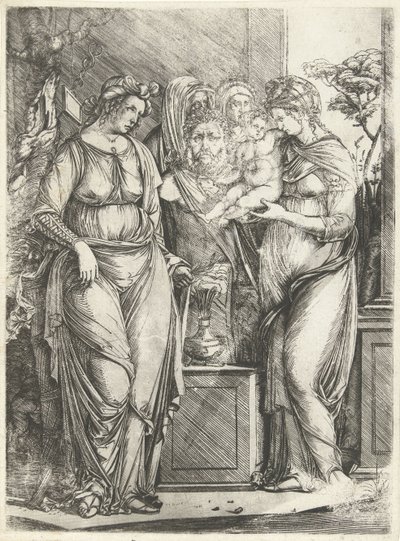 Vier vrouwen offeren jongen bij beeld van Priapus door Jacopo de