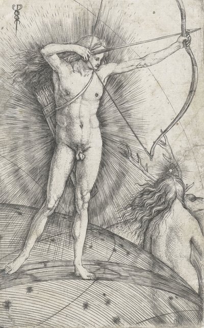 Apollo met boog en pijl op hemelse bol en Diana met hert, 1503-5 door Jacopo de Barbari
