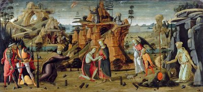 Landschap met bijbelse scènes en legendes van de heiligen door Jacopo del Sellaio