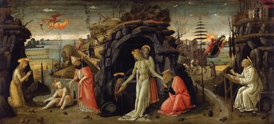 Landschap met bijbelse scènes en scènes uit heiligenlegenden door Jacopo del Sellaio