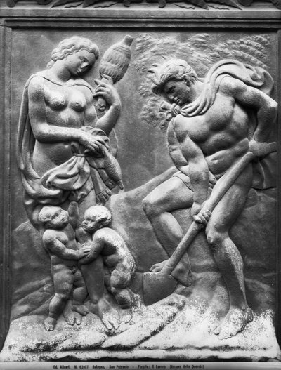Adam en Eva gedwongen te werken, paneel van de Porta Magna, ca. 1430 (marmer) door Jacopo della Quercia
