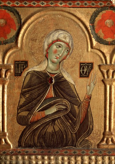 Polyptiek met Verlosser en heiligen: Detail van de Maagd Maria door Jacopo di Meliore