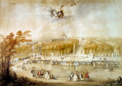 Perspectief van de tuinen en parterres du Nord en het kasteel van Versailles genomen vanaf het Neptunusbassin door Jacqes Andre Portail