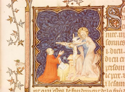 Jean de France (1340-1416) Hertog van Berry biddend voor de gekruisigde Jezus, uit Les Petites Heures de Duc de Berry, c.1385-90 door Jacquemart de Hesdin