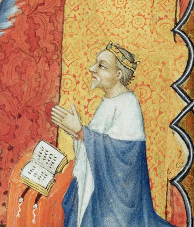 Jean de France, Hertog van Berry, biddend voor de Eeuwige Vader, uit Les Petites Heures de Duc de Berry (detail) door Jacquemart de Hesdin