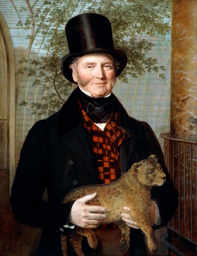 Portret van Edward Cross, halflang, in een zwarte jas en rood geruite vest, een leeuwenwelp vasthoudend door Jacques Laurent Agasse