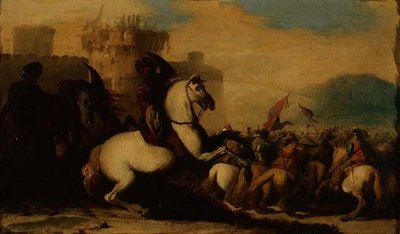 Een cavaleriegevecht buiten een fort door Jacques Courtois