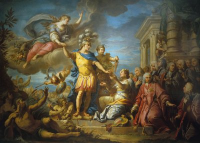 Allegorie ter ere van de publicatie van de Vrede van Aken, 13 februari door Jacques (1701 81) Dumont