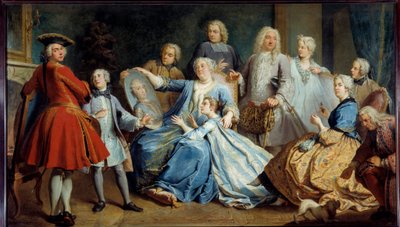 Portret van Madame Mercier, verpleegster van Lodewijk XV, omringd door haar familie door Jacques  Dumont