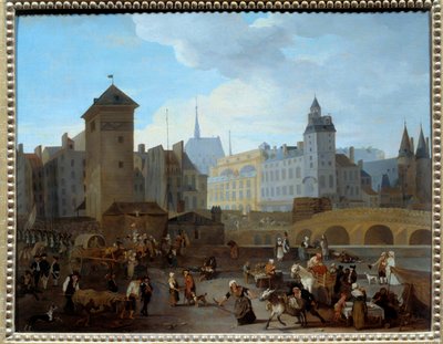 Franse Revolutie: Uitzicht op de brug en de pomp Notre-Dame in Parijs door Jacques Albert Senave