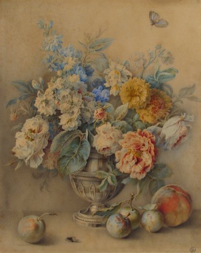 Bloemen in een Zilveren Gieter, Fruit op de Voorgrond door Jacques André Portail