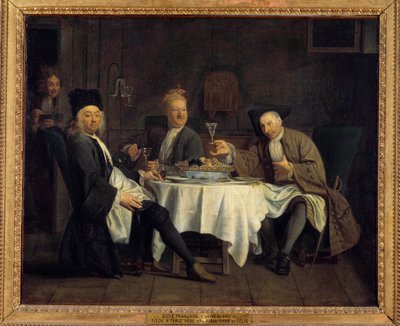 Wijndrinkers, de dichter Alexis Piron aan tafel met zijn vrienden Jean Joseph Vade en Charles Colle door Jacques Antreau