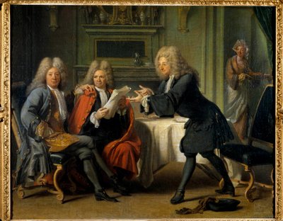 Het huis van Auteuil waar Bernard Le Bouyer de Fontenelle, Franse schrijver, La Motte, Saurin en Madame de Alexandrine Claudine Guerin, markiezin de Tencin chocolade brengen door Jacques Autreau