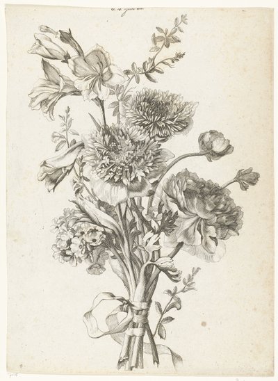 Boeket met anemonen, een pioenroos, sleutelbloemen en gladiolen door Jacques Bailly (I)