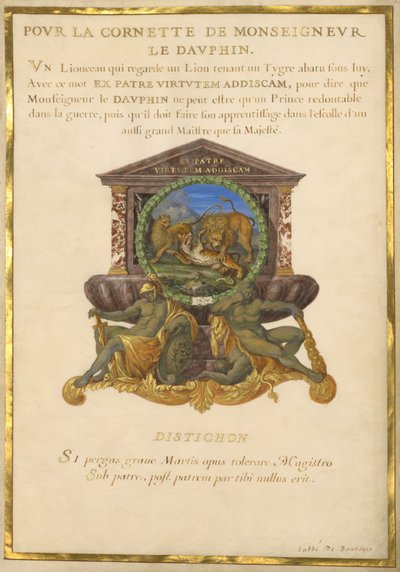 Wapenschild met een leeuw die een jachtluipaard aanvalt door Jacques Bailly