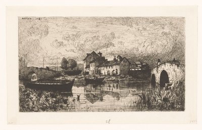 Gezicht op een dorp aan het water met rechts en links een brug door Jacques Barthélemy Appian (Adolphe)