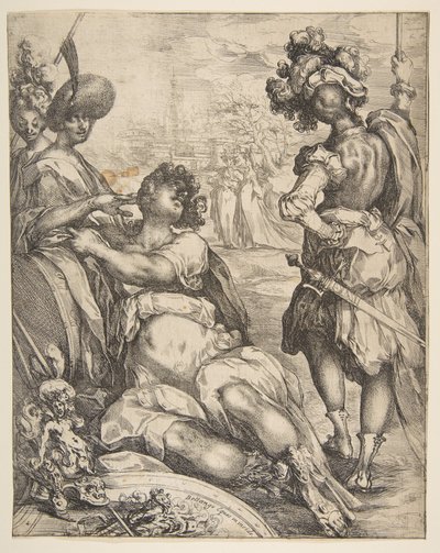 Militaire figuren buiten een stad door Jacques Bellange