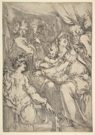De Heilige Familie met Sint Catharina, Sint Johannes de Evangelist en een engel door Jacques Bellange