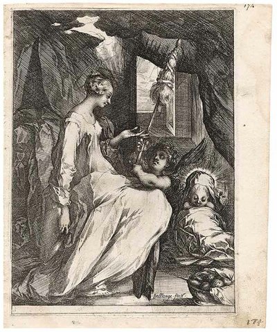 De Maagd en het Kind met spinrokken en een Engel door Jacques Bellange